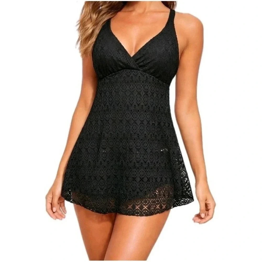 NEW Alisha Levine Crochet Swim Dress Padded Bra Black Swimsuit Size 14